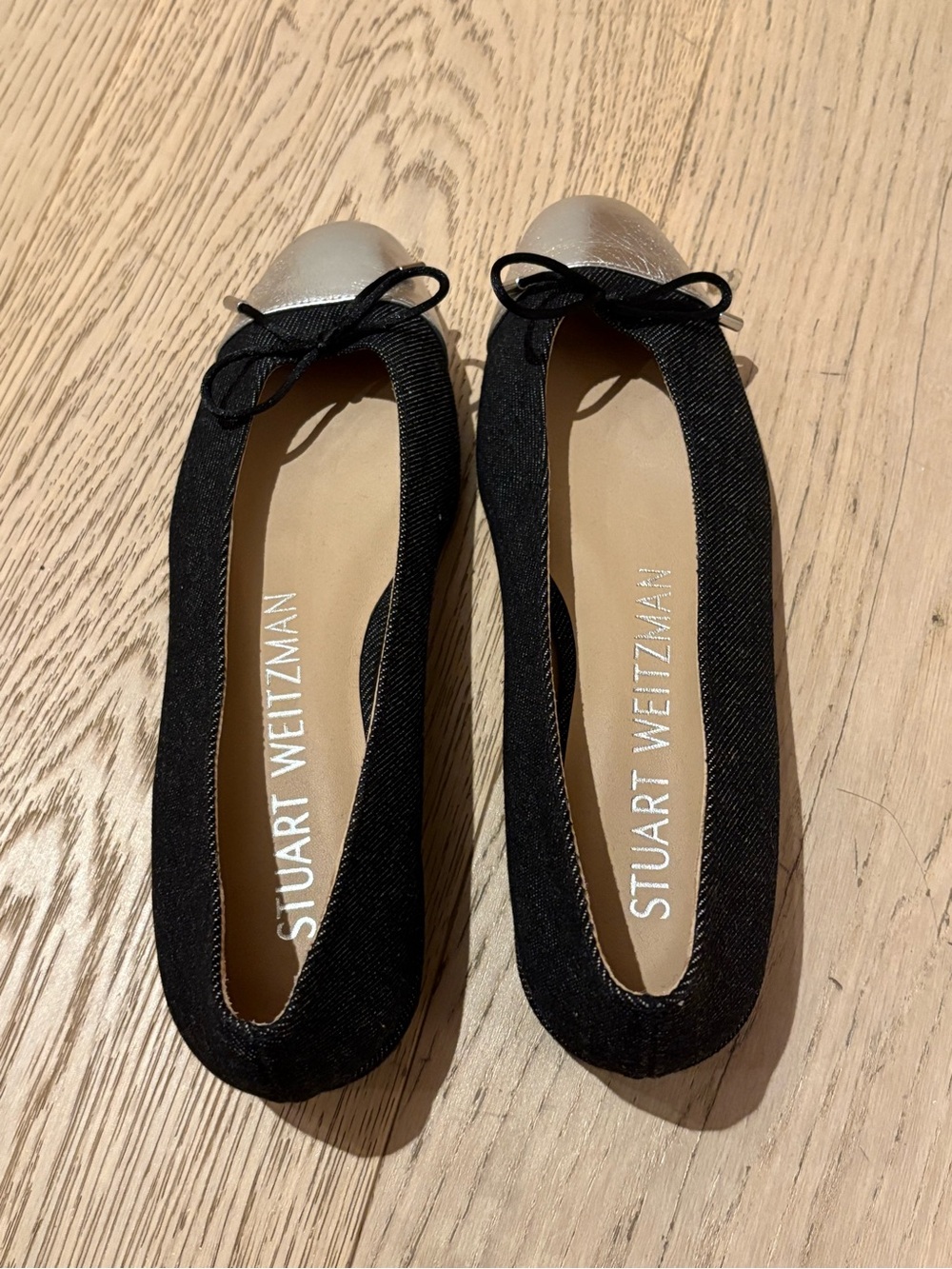Stuart Weitzman Black Ballet Flats with Silver Cap Toe